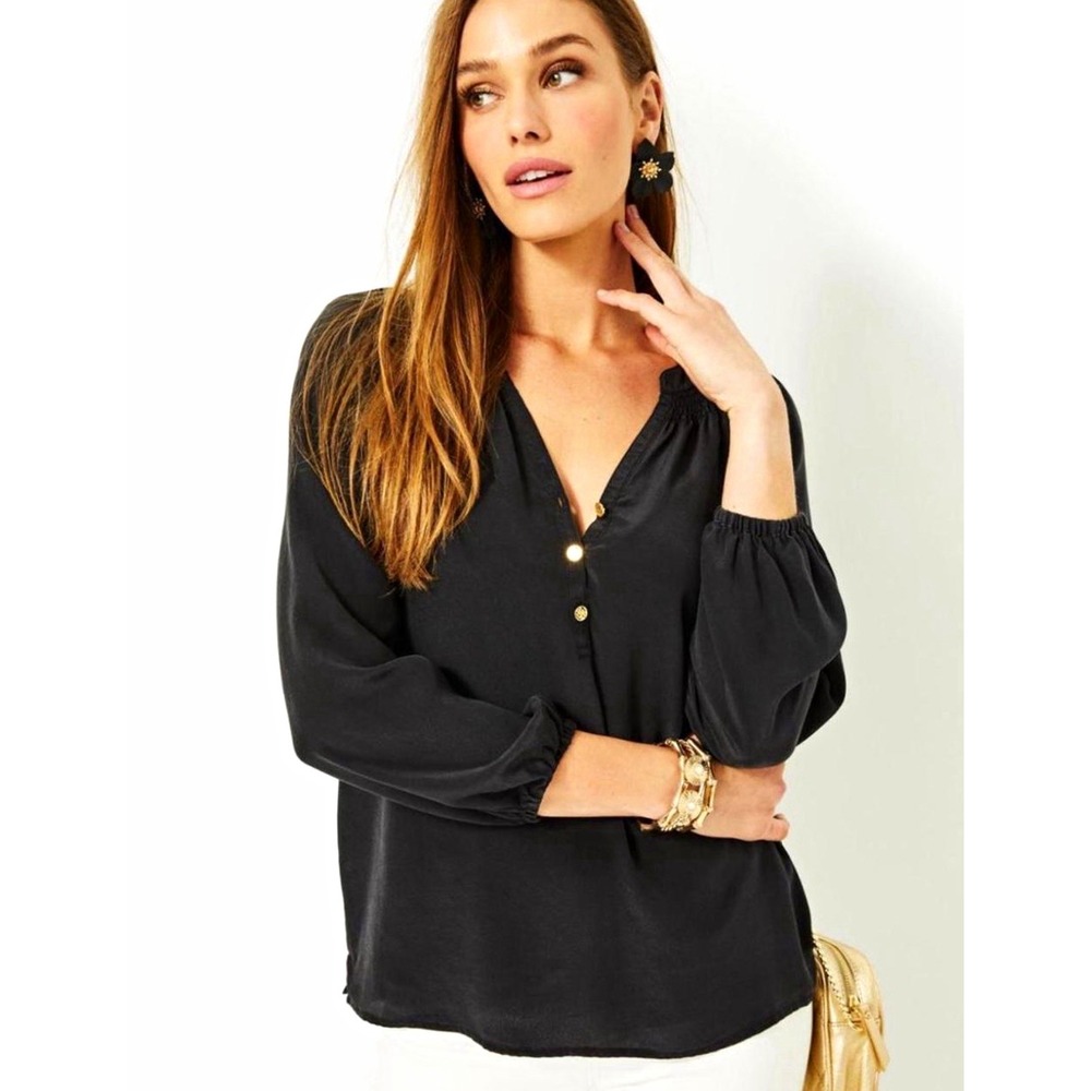 Lilly Pulitzer Black 100% Silk Satin V-Neck Button Front Blouse Long Sleeve XS